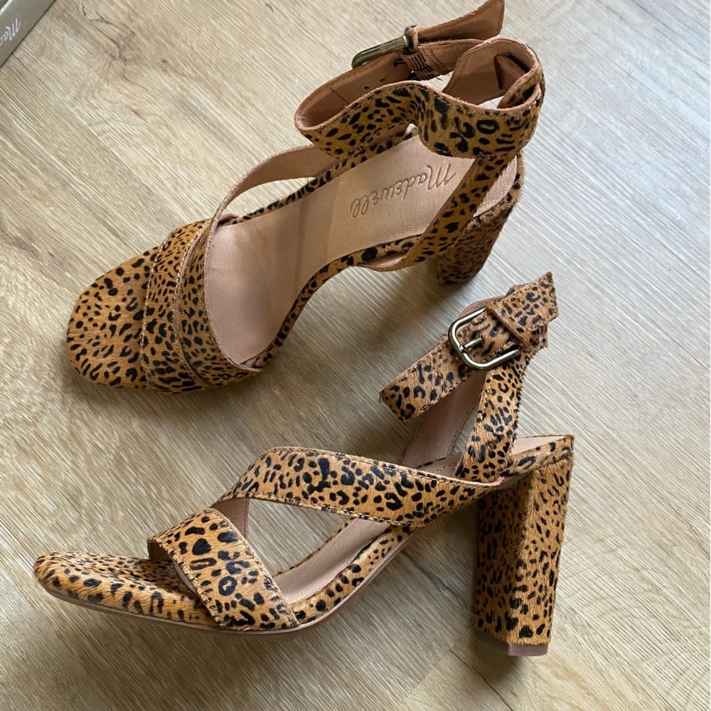 NEW Madewell The Liv Sandals Heels Open Toe Mini Leopard Calf Hair Shoes
